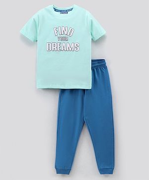 Pine Kids Half Sleeves Biowashed Night Suit Text Print - Sky Blue