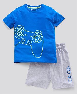 Pine Kids Biowashed Half Sleeves Night Suit Gaming Console Print - Blue Grey