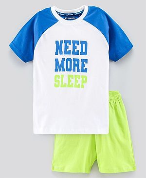 Pine Kids Biowashed Raglan Sleeves Tee & Shorts Text Print - White Light Green