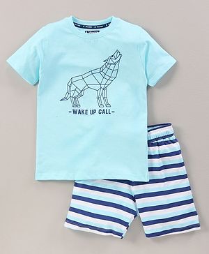 Pine Kids Biowashed Half Sleeves Night Suit Fox Print - Aqua & Navy Blue