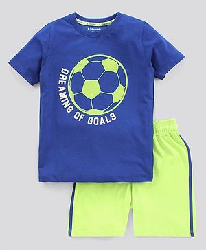 Pine Kids Biowashed Half Sleeves Night Suit Text & Football Print - Royal Blue Green