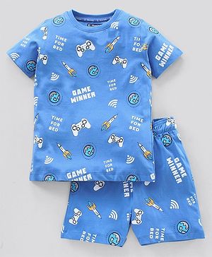 Pine Kids Biowash Half Sleeves Night Suit Game Winner Print - Light Blue