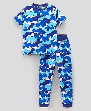 Pine Kids Half Sleeves Biowashed Night Suit Camo Print - Blue