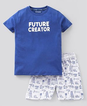 Pine Kids Half Sleeves Biowash T-Shirt & Shorts Nightwear Set Multi Print - Blue White