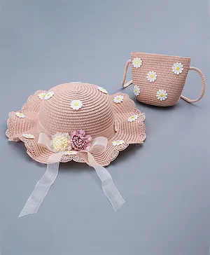 Babyhug Straw Hat With Bow & Purse - Pink