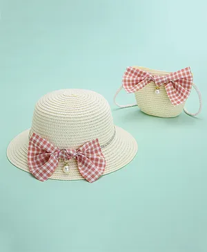 Babyhug Straw Hat With Bow & Purse - Cream