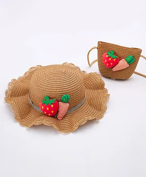 Babyhug Straw Hat With Fruit Bow & Purse - Brown