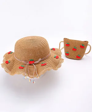 Babyhug Straw Hat With String Bow & Purse - Brown