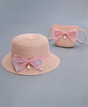 Babyhug Straw Hat With Bow & Purse - Pink