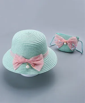 Babyhug Straw Hat With Bow & Purse - Green