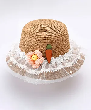 Babyhug Lacework Patched Straw Hat With Floral Bow - Brown