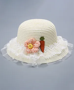 Babyhug Lacework Patched Straw Hat With Floral Bow - White