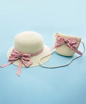 Babyhug Bow Applique Straw Hat With Sling Bag - White