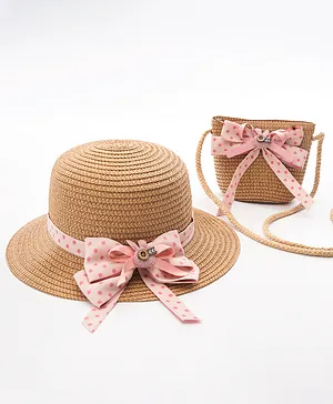 Babyhug Bow Applique Straw Hat With Sling Bag - Brown
