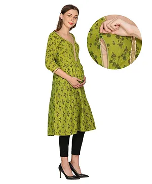 Mum's Caress Three Fourth Sleeves Floral Print Maternity Feeding Kurti - Green