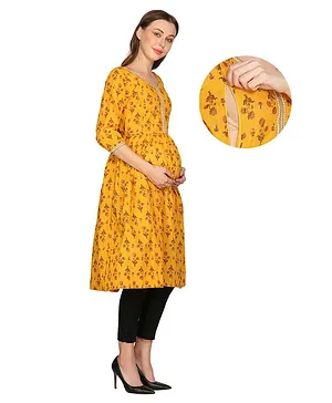 Mum's Caress Three Fourth Sleeves Floral Motif Print Maternity & Feeding Kurti - Yellow