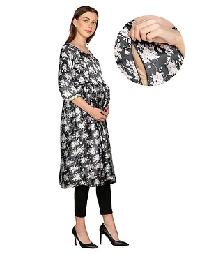 Mum's Caress Three Fourth Sleeves Floral Design Maternity & Feeding Kurti - Black
