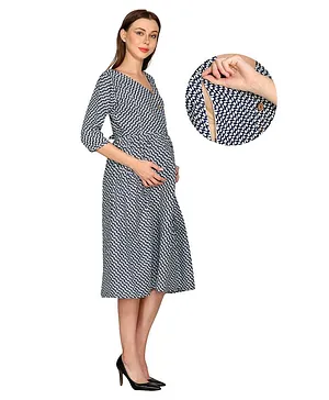 Mum's Caress Three Fourth Sleeves All Over Print Maternity Feeding Dress - Blue