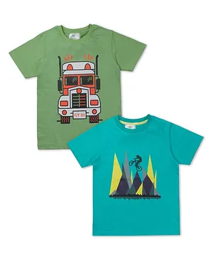 Growing Tree Half Sleeve Vehicle Printed Tee Combo Of 2 - Blue & Green