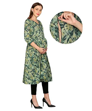 Mum's Caress Three Fourth Sleeves Floral Print  Maternity Feeding Kurti - Green
