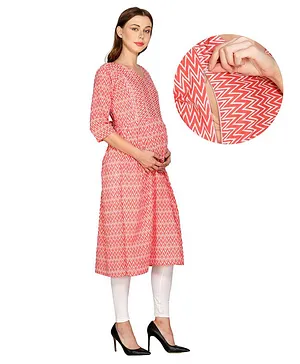 Mum's Caress Three Fourth Sleeves Chevron Print Maternity & Feeding Kurti - Pink