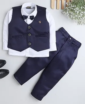 Fourfolds Full Sleeves Shirt With Pants & Waistcoat With Bow Tie - Blue