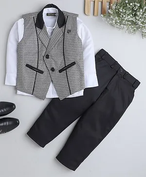 Fourfolds Full Sleeves Solid Shirt With Self Design Waistcoat & Pants - White & Black