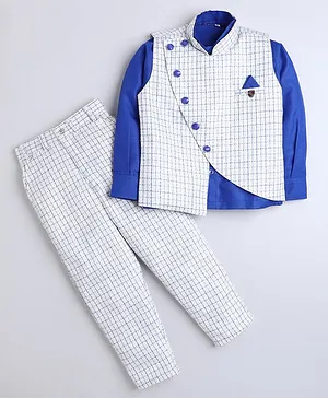 Fourfolds Full Sleeves Shirt With Checkered Waistcoat & Pants - Blue