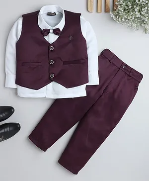 Fourfolds Full Sleeves Shirt With Pants & Waistcoat With Bow Tie - Dark Violet