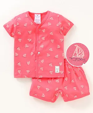 First Smile Half Sleeves Tee and Shorts Set Boat Print - Pink