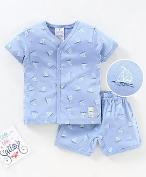 First Smile Half Sleeves Tee and Shorts Set Boat Print - Blue