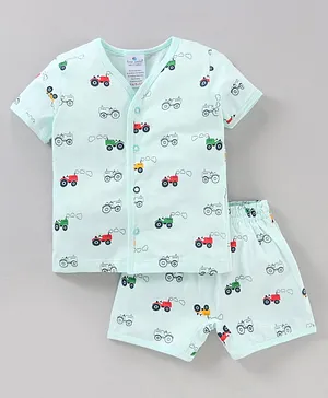 First Smile Half Sleeves Tee and Shorts Set Tractor Print - Light Green