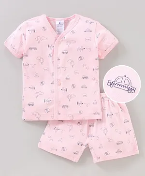 First Smile Half Sleeves Tee and Shorts Set Vehicles Print - Pink