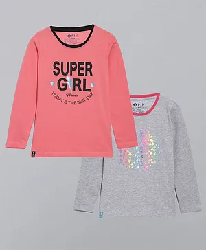 3PIN Pack Of 2 Full Sleeves Super Girl Print Tee - Grey Pink
