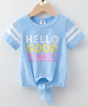 Kookie Kids Half Sleeves Cotton Knotted Top Text Print - Blue
