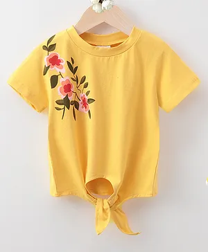 Kookie Kids Half Sleeves Cotton Knotted Top Floral Print - Yellow