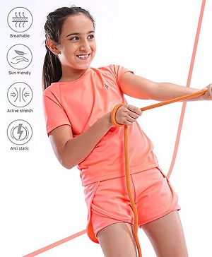 Pine Active Half Sleeves Lycra Top with HD Print and Short Set - Light Orange