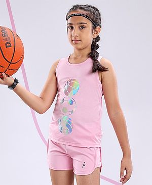 Pine Active Poly Lycra Knit Athleisure Sleeveless Top & Bottom Set Balls Printed - Pink