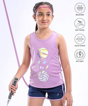 Pine Active Poly Lycra Knit Athleisure Sleeveless Top & Bottom Set Balls Printed - Purple Blue