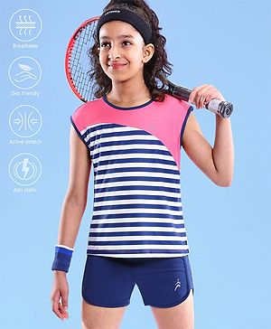 Pine Active Stretchable Sleeveless T-Shirt and Shorts Set Striped - Pink Blue