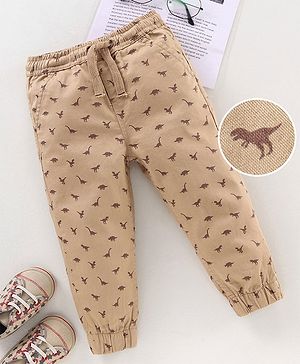 Babyhug Cotton Lycra Full Length Dino Printed Jogger Pant - Light Beige