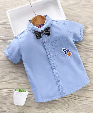 Babyhug Half Sleeves Cotton Shirt with Bow Rocket Patch - Sky Blue