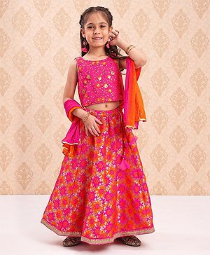 Babyhug Sleeveless Choli & Lehenga With Dupatta Floral Work - Pink