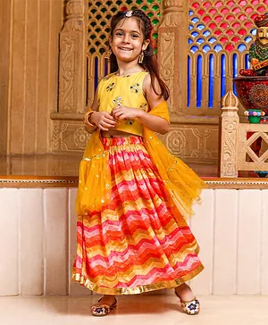 Babyhug Sleeveless Choli & Lehenga with Dupatta Floral Embroidery- Yellow