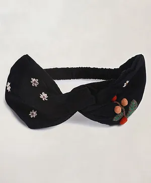 Cherry Crumble By Nitt Hyman Floral Embroidery Floral Pom Pom Hairband - Black