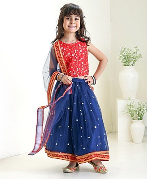Babyhug Sleeveless Embroidered Choli Lehenga and Dupatta Set with Sequins - Red Navy