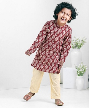 Babyhug Full Sleeves Woven Cotton All Over Printed Kurta and Dhoti Set - Maroon Beige