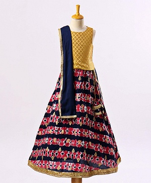 Babyhug Sleeveless Choli & Lehenga with Dupatta All Over Printed - Blue