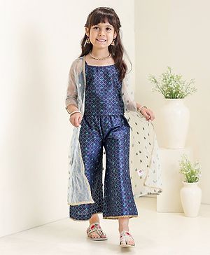 Babyhug Singlet Sleeves Top and Pant Set with Jacket Embroidery - Navy Blue
