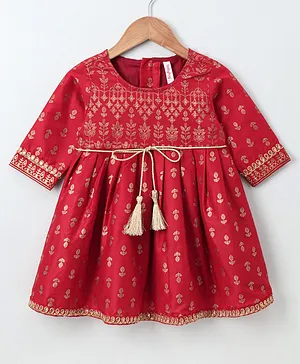 Babyhug Full Sleeves Ethnic Dress Floral Print - Red